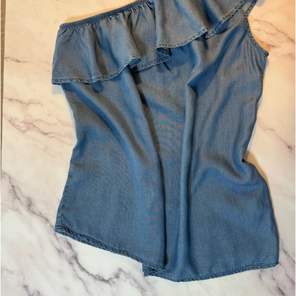 One Shoulder Ruffled Denim Top - Picture 5 of 8